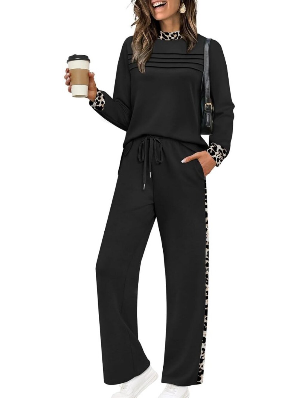 Chic Two-Piece Lounge Set for Women - Long Sleeve, Wide Leg Pants, Fall Travel